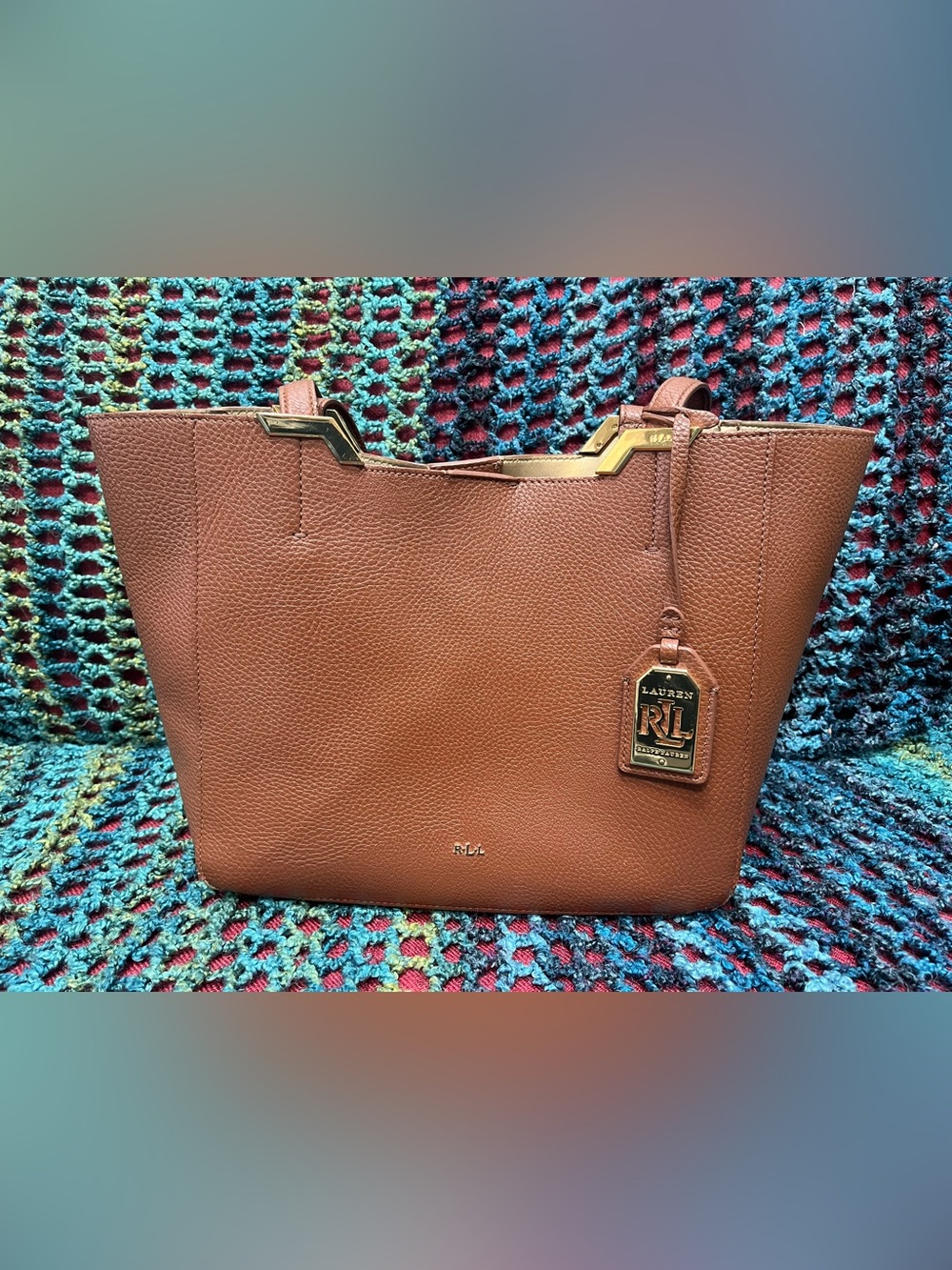 Lauren Ralph Lauren Brown Pebbled Leather Shoulder Tote with Gold Hardware